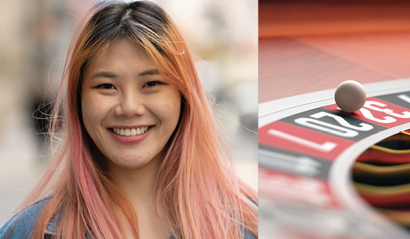 A girl on left side and poker table on right side